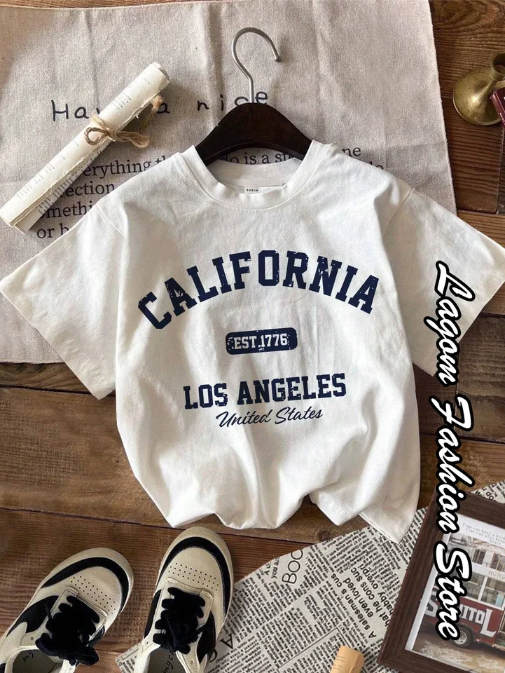 Letné ženy Kalifornské tričko American Vintage O-Neck Tops Tees Fashion Los Angeles Clothing Female Casual Streetwear