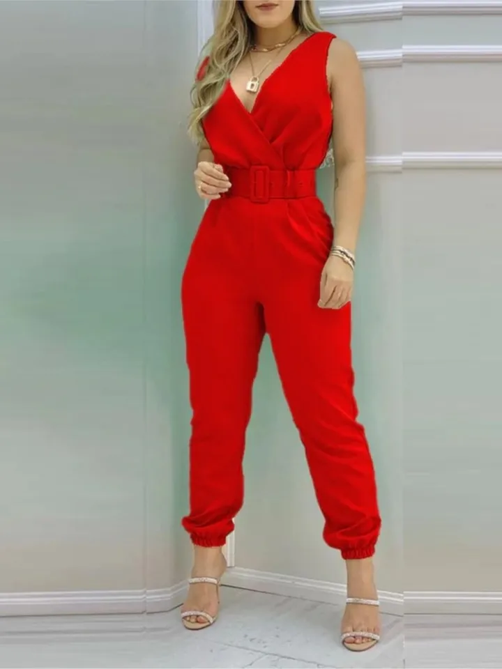 Letné ženy kombinézy elegantné kancelárske dámy Sexy v krku bez rukávov tlačené kombinézy Nová móda s pásovými vestami Playsuit Streetwear