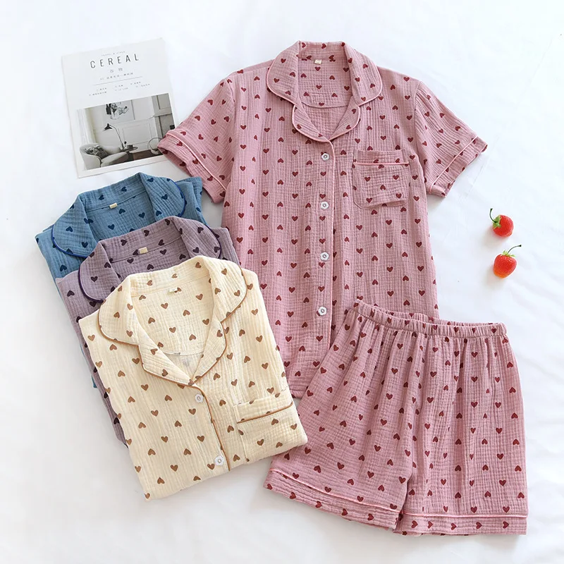 Letné ženy pyžamá 2-dielna súprava 100% bavlnená gáza s krátkym rukávom s krátkym rukávom pyžamy Homewear Dámske dámske pyžamy Ženy Sleewear