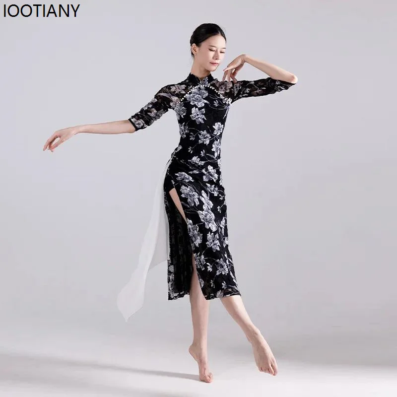 Letné ženy sexy čipky ručne korálka upravená cheongsam tanečný kostým čínsky vysoký štrbina cheongsam šaty klasický tanec ukázal set