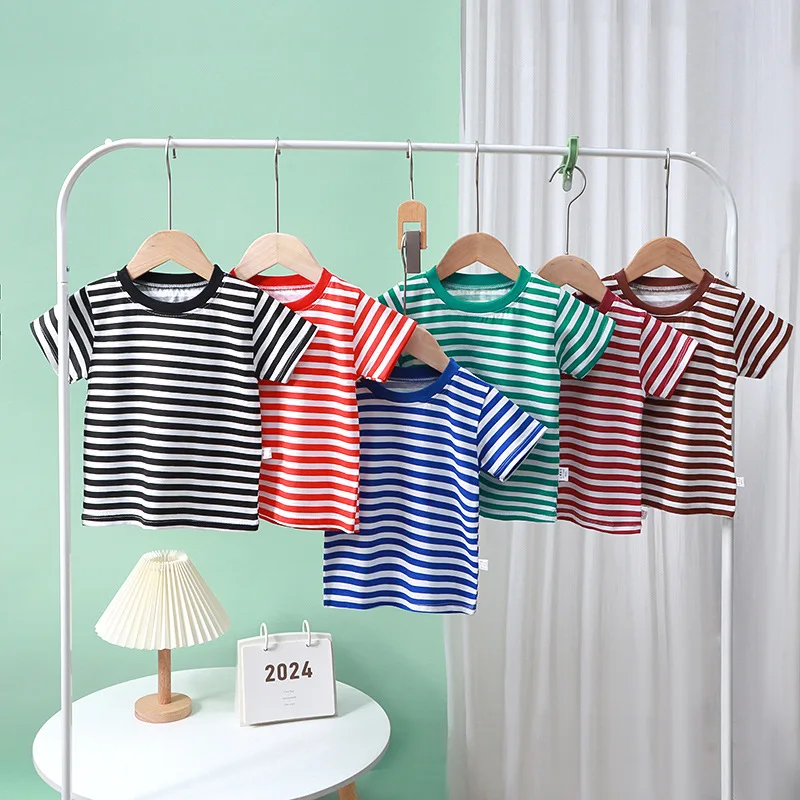 Letný detský pruh s krátkym rukávom Tričko Pure Cotton Boys and Girls Modrá červená ružová biela pruh Tričko pre chlapcov a dievčatá