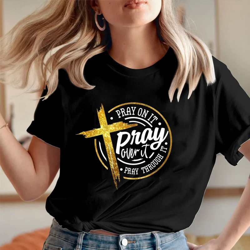 Letný dámsky kríž a modlite sa cool tričko Kríž dámska košeľa ležérne voľné dámske tričko