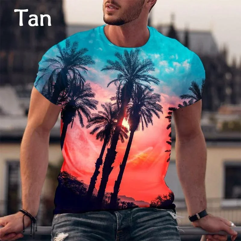 Letný havajský kokosový strom 3D tlač Tričká Streetwear Men Móda nadmerne nadmerne O-krk s krátkym rukávom tričko Tops Tops oblečenie