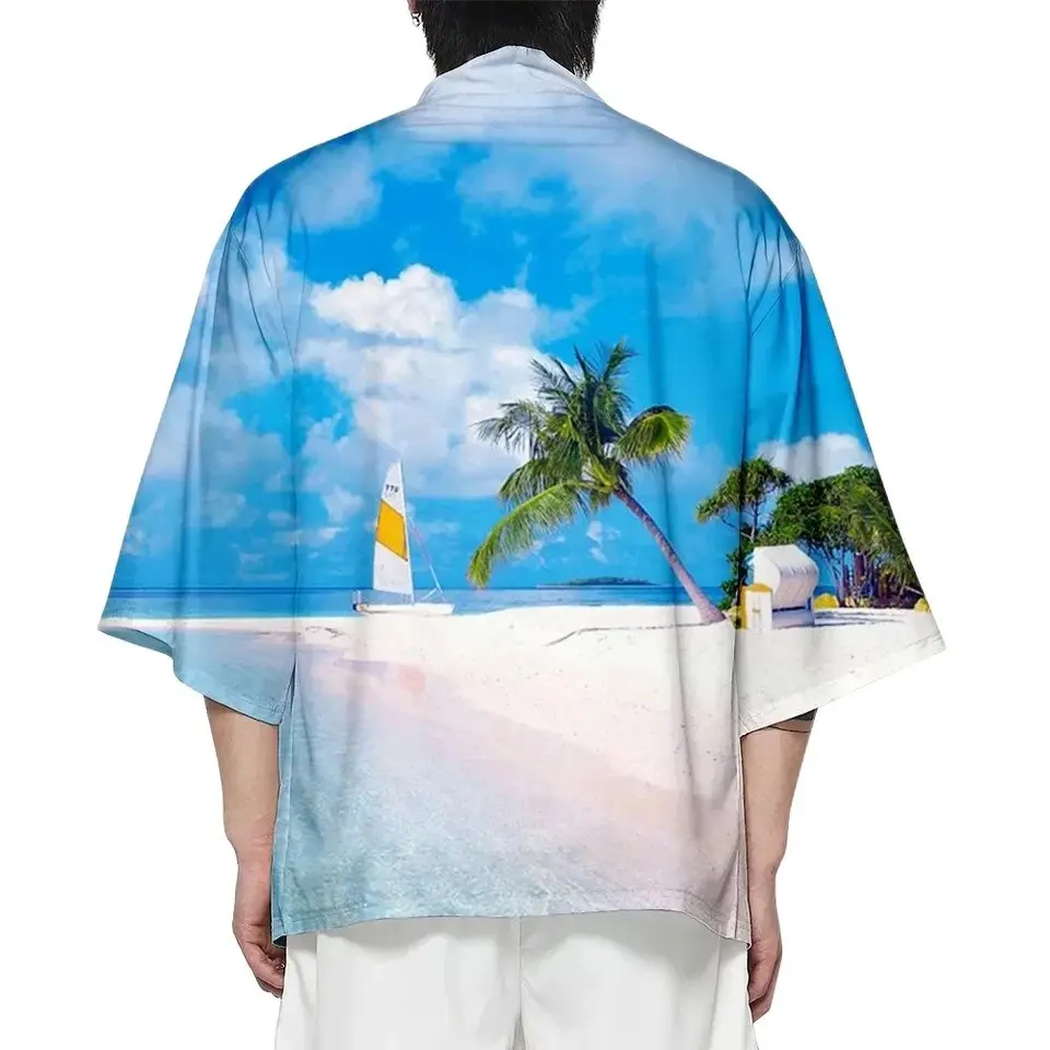 Letný kokosový strom tlač Kimono Hawaiian košeľa Yukata Beach Tops Tops módna krajina župan unisex voľný osobnosť oblečenie