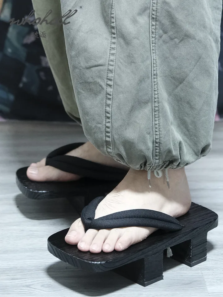 Letný muž žabky japonské drevené geta samurai clogs topánky cosplay kostýmy topánky hrubé spodné platforma sandále