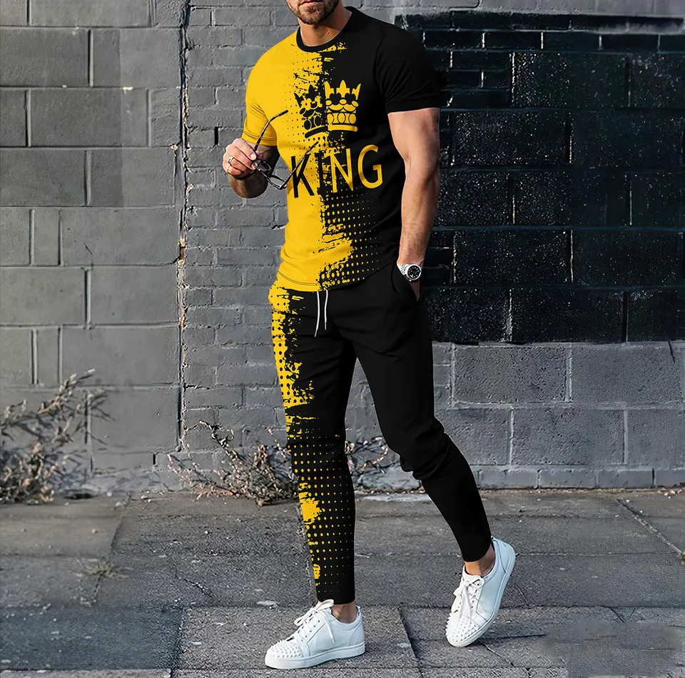 Letný módny kráľ 3D tlač Men Sportswear set ležérne s krátkym rukávom tričky nohavice 2-dielne súprava nadmerne veľtrhov