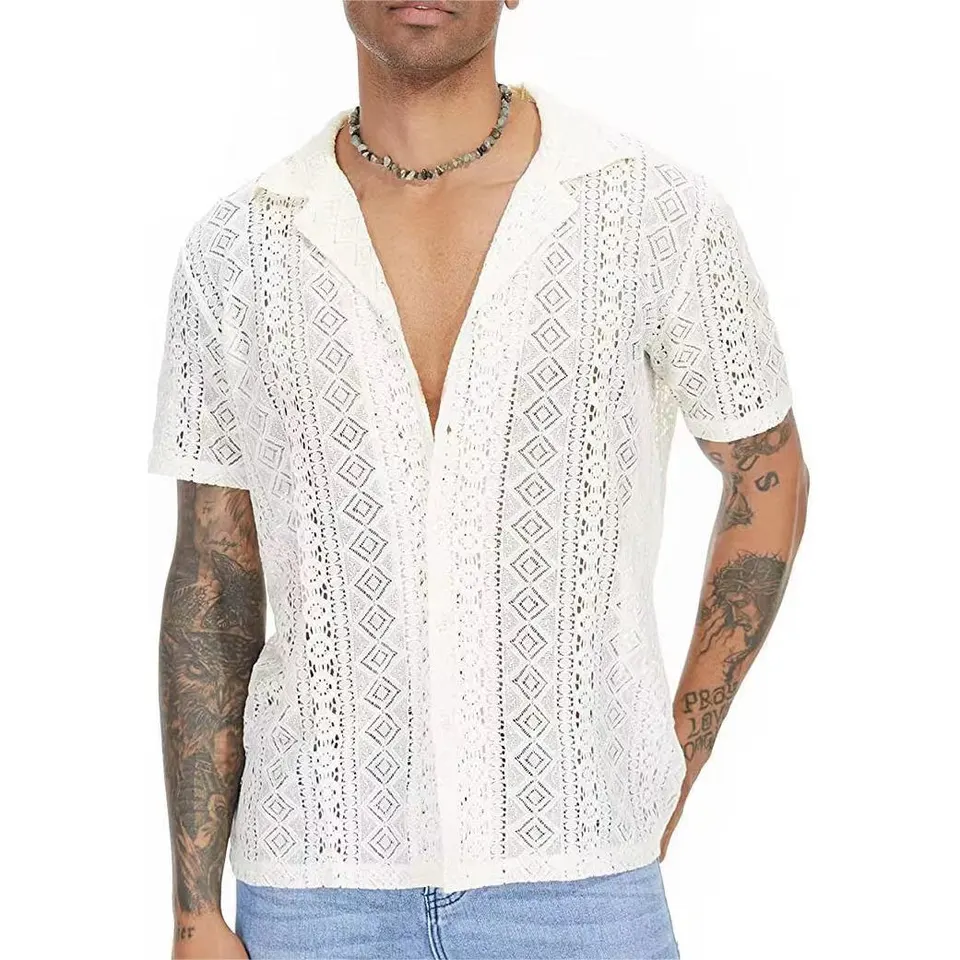 Letný módny štýl Nové pánske vrcholy Dutiny Out Lace Panel Solid Tlačte Sexy blúzka Mužské pletené košele s krátkym rukávom