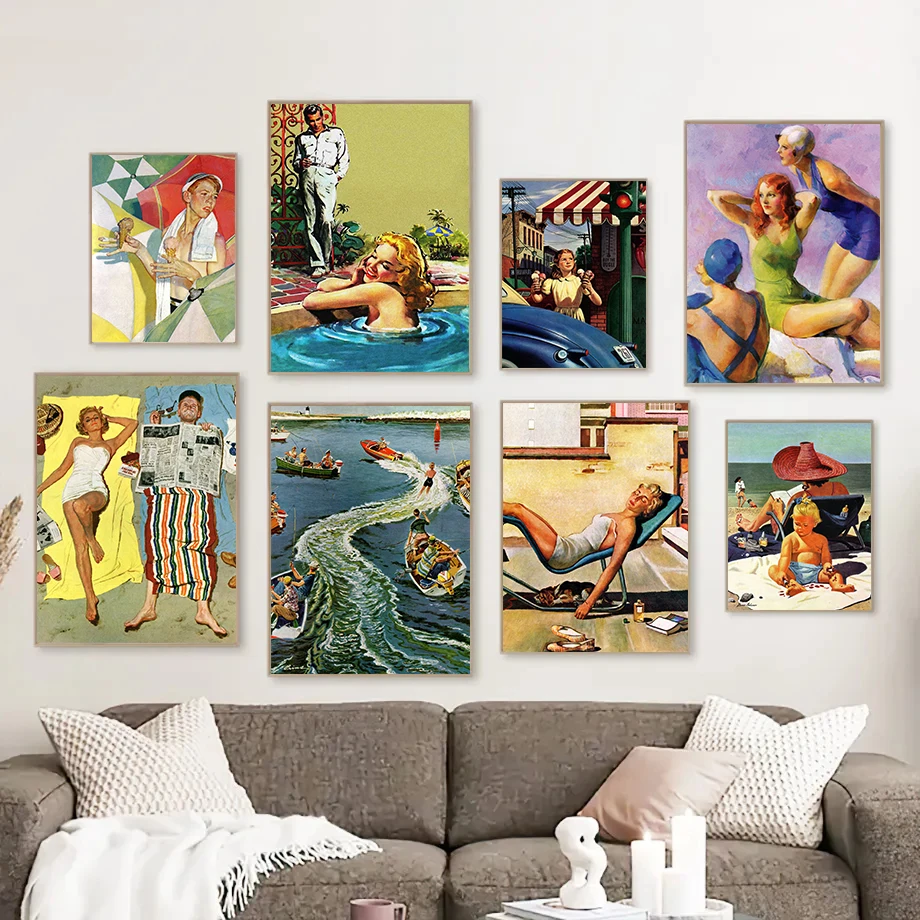Letný piesok každodenný život sexy žena portrét retro plagát Canvas maľby nástenné umelecké obrázky domáce dekorácie
