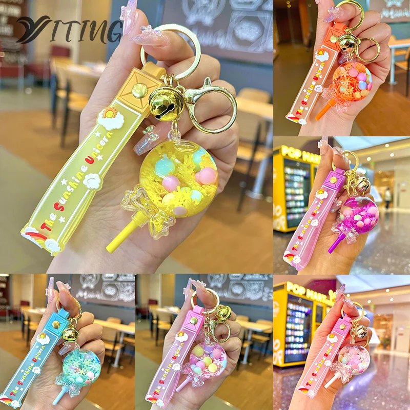 Letný ropný tekutý Lollipop Keychain plávajúce Quicksand Snow vločky Glitter Acryl Keyring Prívesok pre ženy batohové reťazce