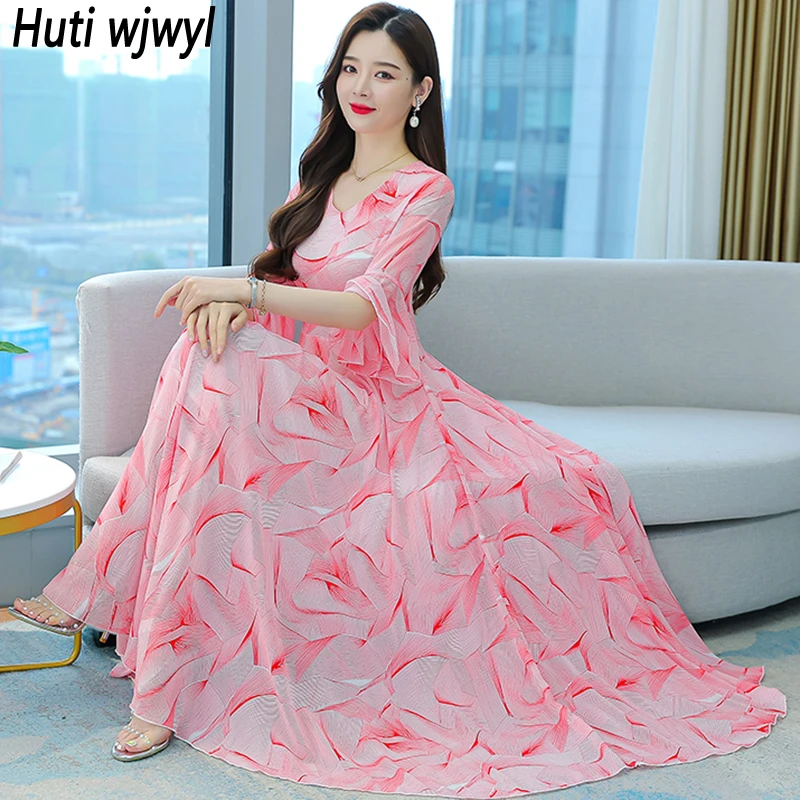 Letný ružový výtlačok šifónové eroľné rukávy V-krk sexy maxi šaty Ženy Boho Casual Beach Sundress 2024 Elegantné šaty Bodycon Party Dress