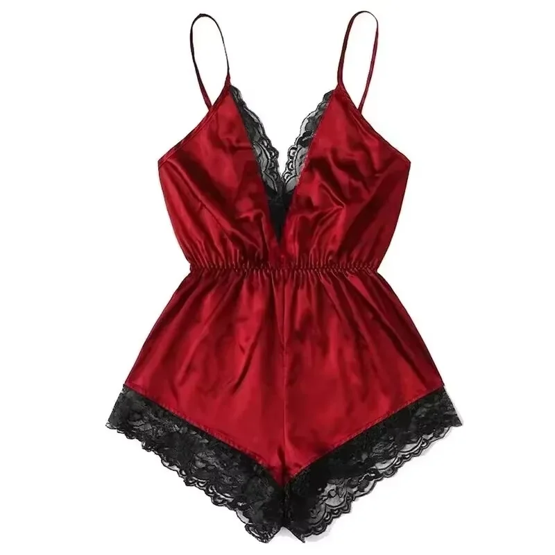 Letný V-krk sexy čipkovaný patchwork integrovaný podväzok a backless pyžamy dámske sexy závesné pyžamá pyžamá