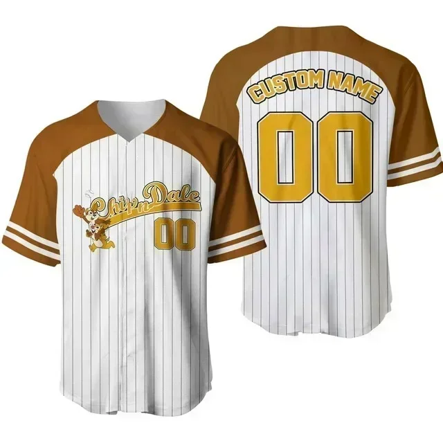 Letný čip a Dale pruhované hnedé baseballové dres Disney baseball dres vzor tričko Dospelé deti móda krátke rukávy Top