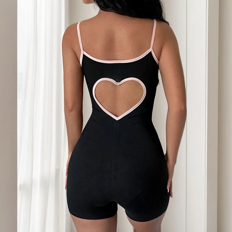 Letný šport aktívne oblečenie Backless Love Heart Cut Out Sexy PlaySuit Rucke bez rukávov kontrast viazaný luk ženský fitness kraťas