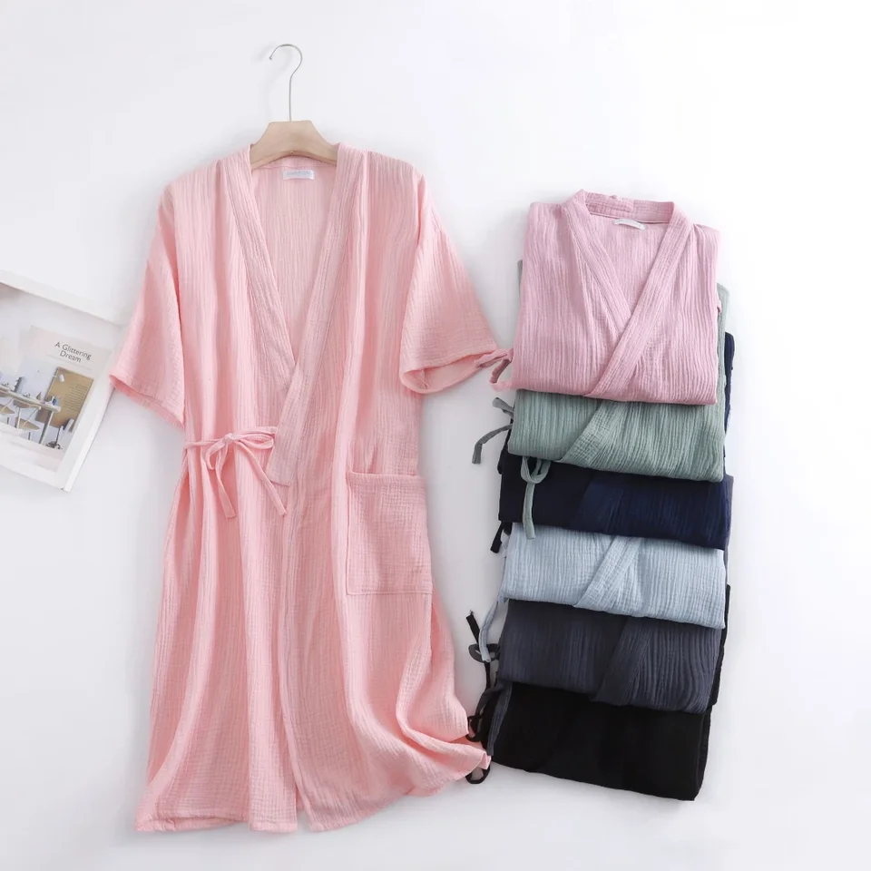 Leto 100% bavlnená gázová krepová rúcho krátke rukávy pre ženy a muži Spevný župan voľný mäkký japonský štýl kimono rúž 2021