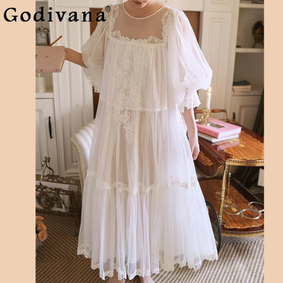 Leto 2024 voľné biele nočné dresy Ladie's Nightwear French Cotton Sleewear Vintage Court Style Pychamas