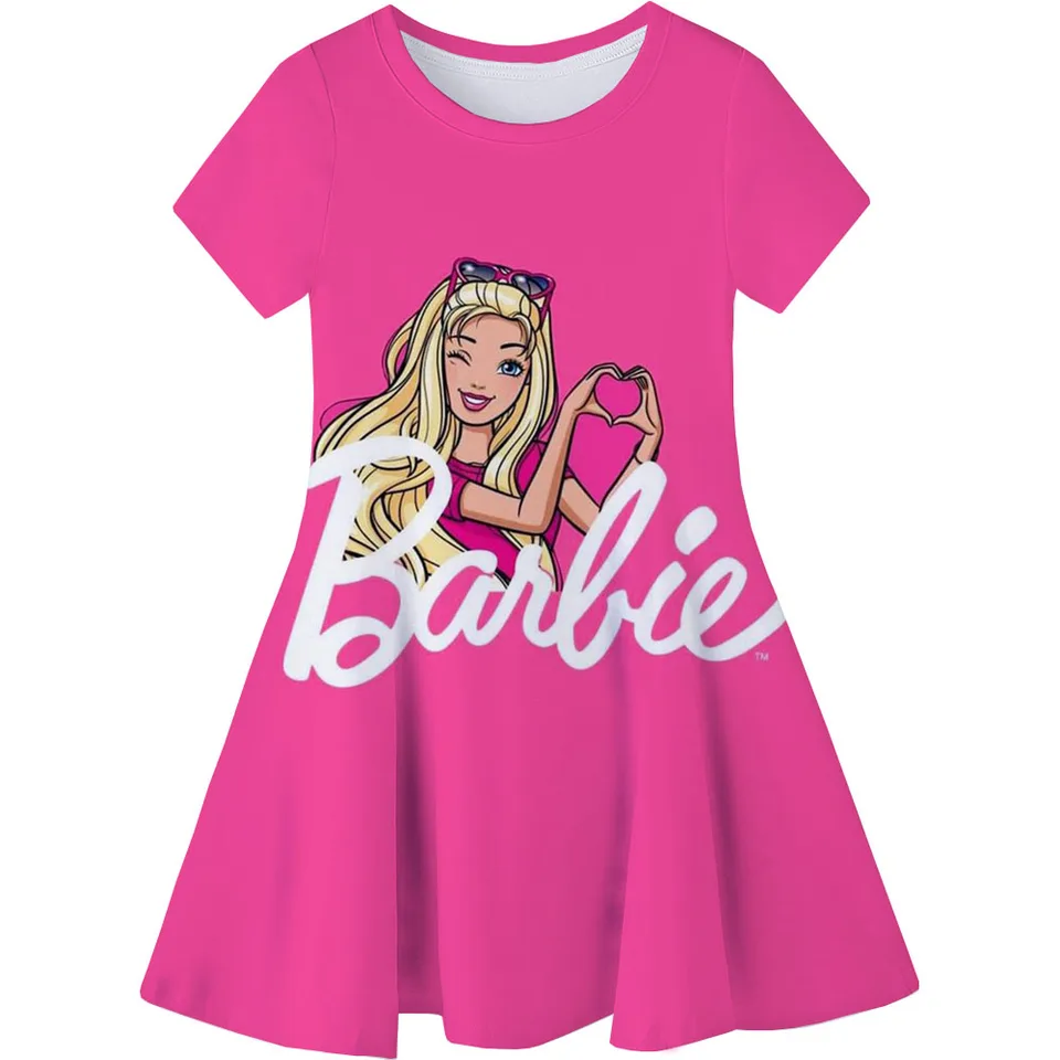 Leto 3-14 Detské a dievčenské ľahké a priedušné imitácie bavlnené Barbie princezná Vytlačené šaty s krátkym rukávom