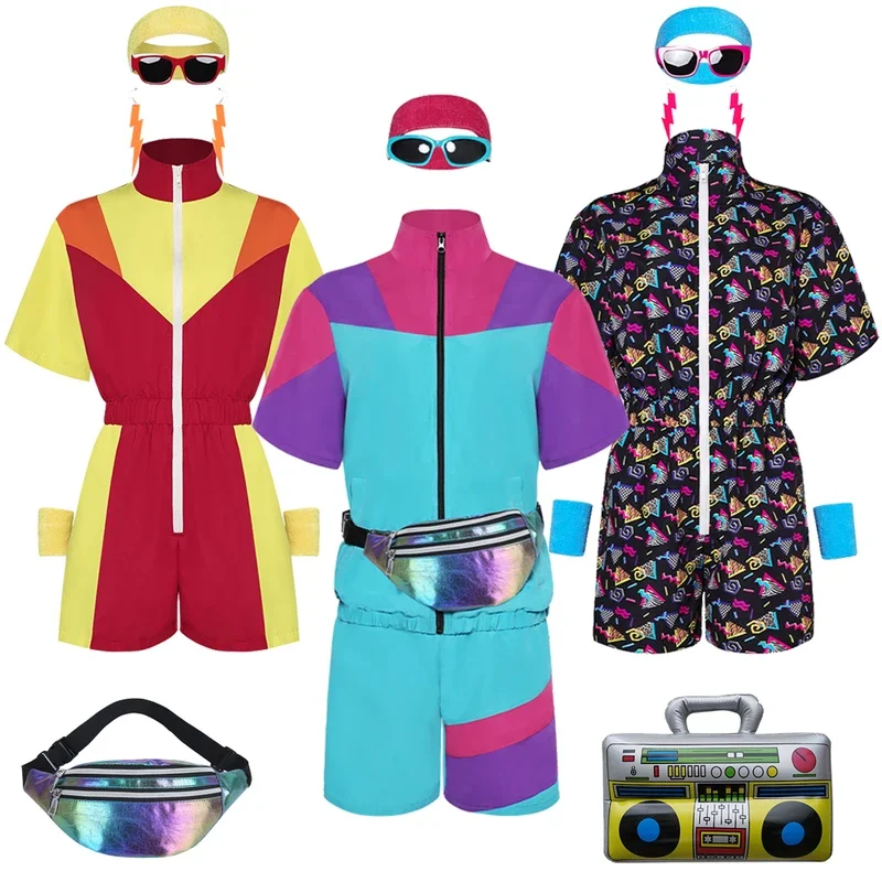 Leto 80. rokov retro hip hop cosplay náušnice Hairband Tracksuits Suits 80 rokov vintage hippie disco kostýmy Ženy Fantasia Outfits