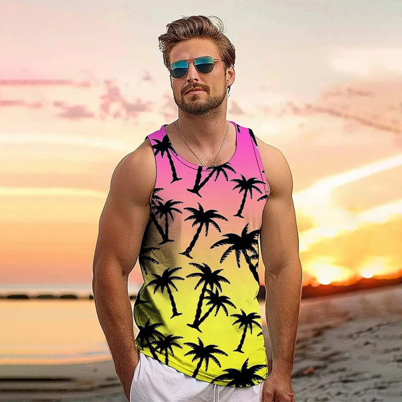 Leto Harajuku 3D tlačené nové tropické listy Tank Top Men Kokosové stromy Grafické nádrže Tops Módne streetwear Cool vesta oblečenie