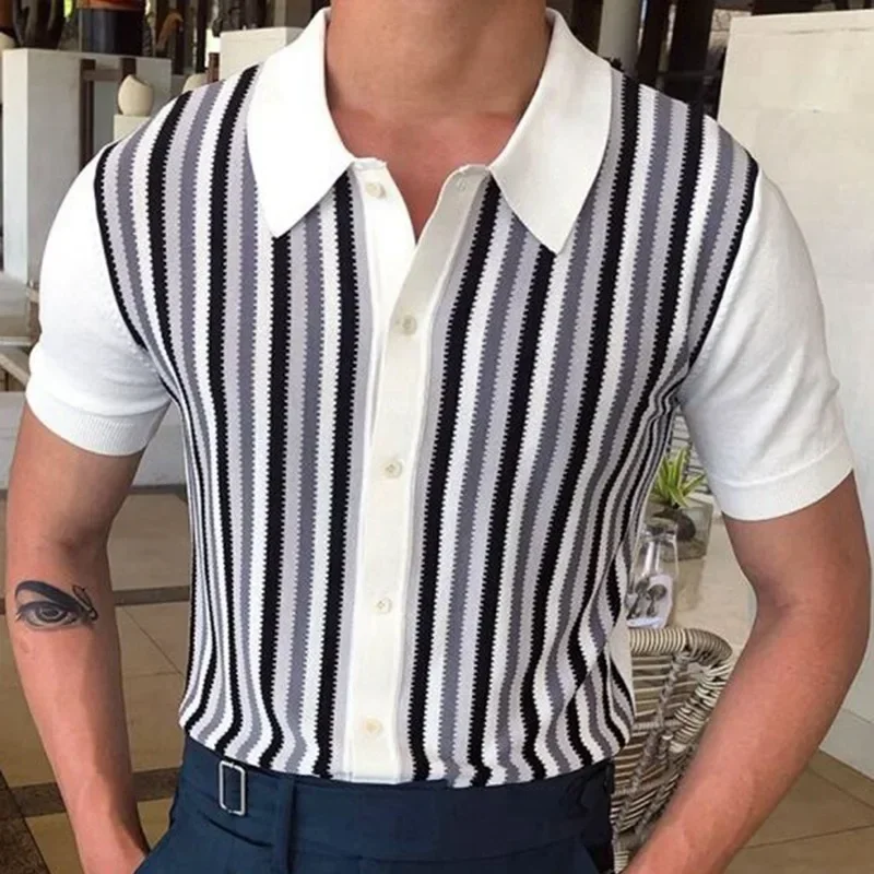 Leto New Mens Top čierna a biela pruhovaná kontrastná pletená košeľa s krátkym rukávom Slim Fit Poline košeľa pre mužov