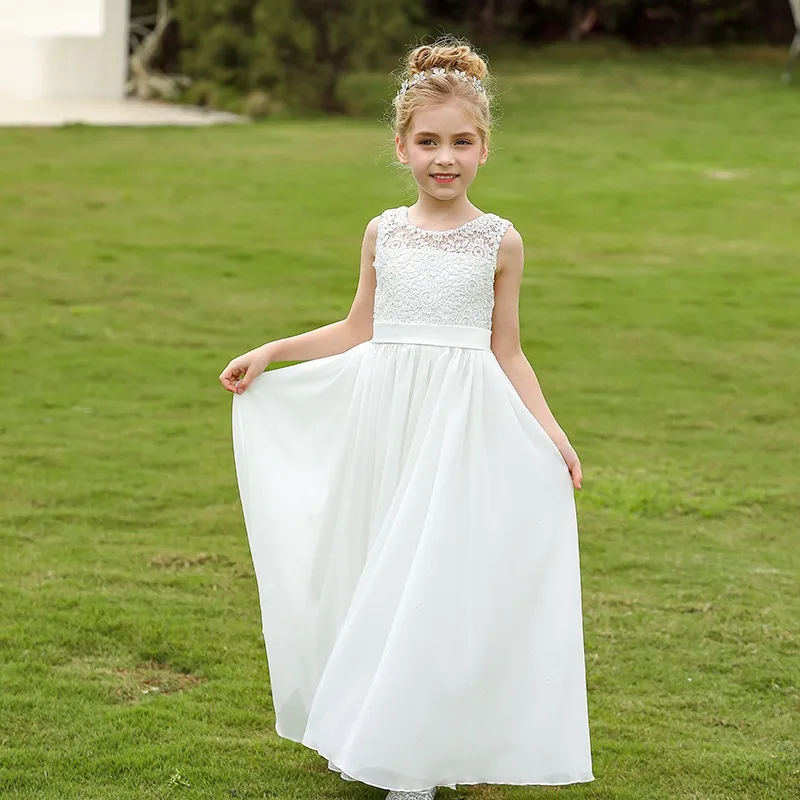 Leto Nové detské svadobné šaty Dámske šifón Simple Lace Piano Birthday Princess Long Flower Girl Šaty