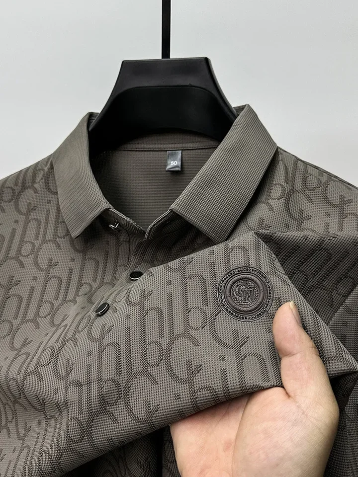 Leto Nové high-end hodvábne polo rukávové košele pre pánske luxusné vyrazené neformálne móda Pohodlné priedušné chladné top