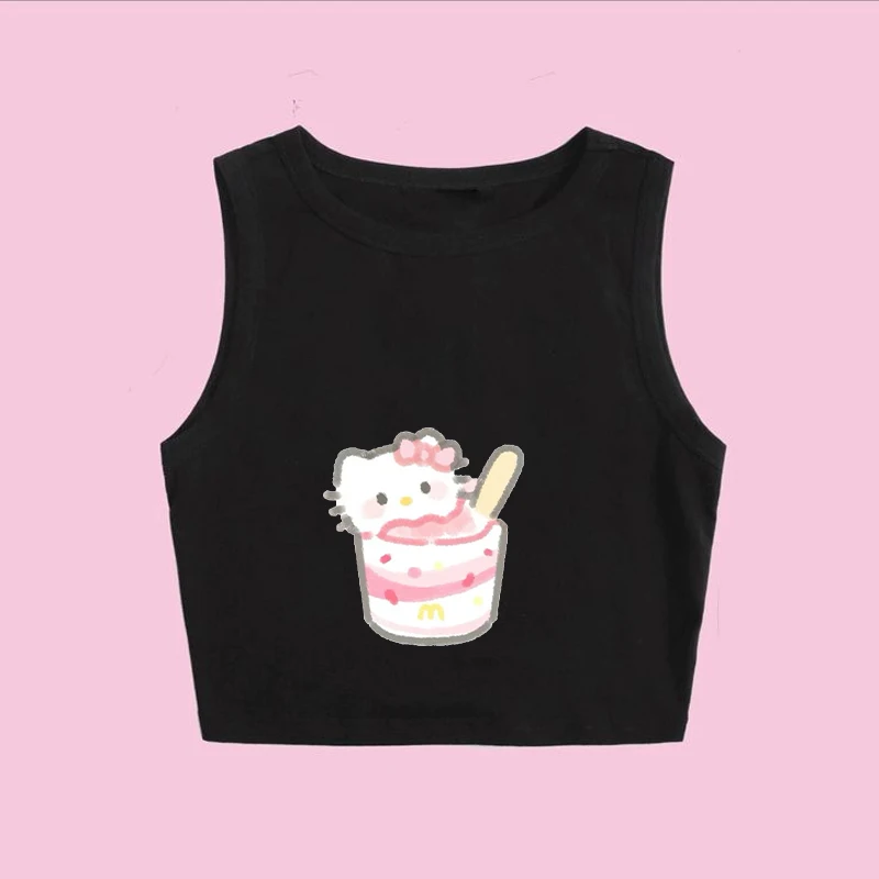 Leto nový japonský štýl Sanrio Kawaii Hello Kitty Cupcake pre tlač Tričko s krátkym štýlom bez rukávov Trič