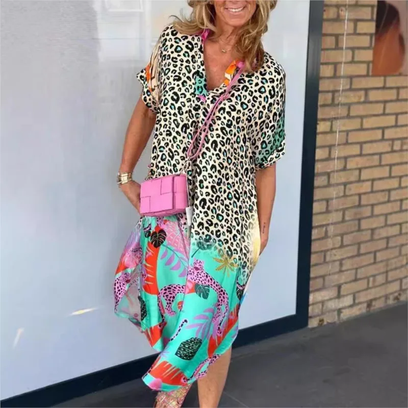 Leto Nový módny polopriepustný krk Leopard Tlač voľných šaty Elegantné dámske s krátkym rukávom Vysoké voľné asymetrické šaty