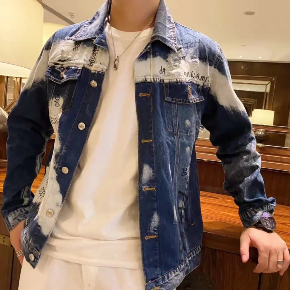 Letter Letter Letter tlač móda nových pánskych džínsoviek Slim Fit Bomber Bund Mens Autumn Casual Hip Hop Denim Bunding Veste en Jean
