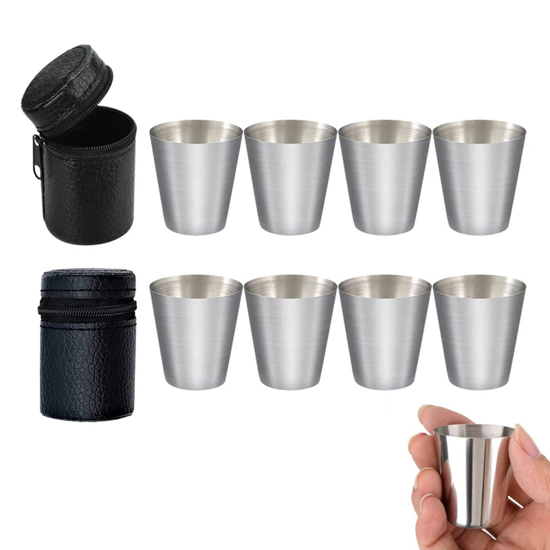 Leštená 30 ml mini z nehrdzavejúcej ocele Shot Glass Cup Pije poháre na víno s koženým krytom vrecko pre domáci kuchynský bar