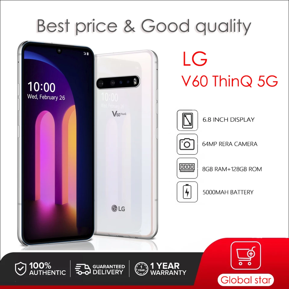 LG V60 ThinQ 5G Originálny odomknutý single SIM 8 GB RAM+128/256GB OCTA-CORE 64MP 6,8 '' 5000MAH Android 10 NFC FM QC4 Smartphone