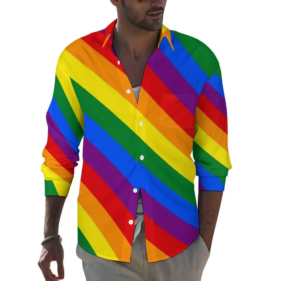 LGBT Rainbow košeľa jeseň gay pýcha vlajka neformálne košele Muž retro blúzky s dlhým rukávom Vlastné pouličné oblečenie plus veľkosť