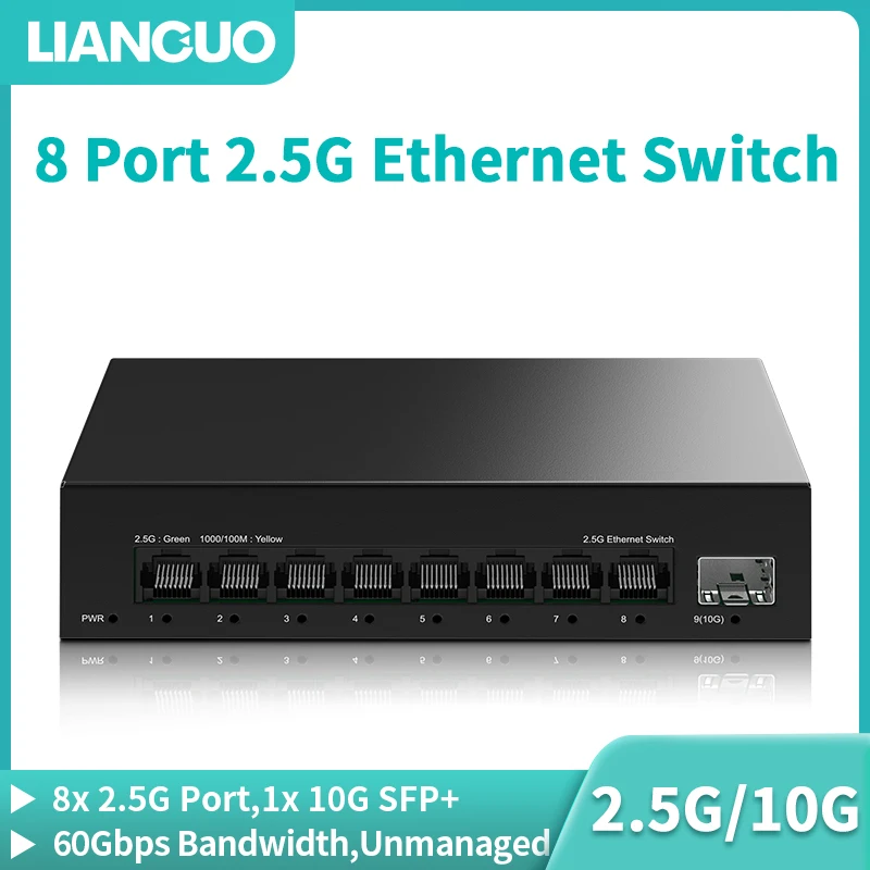 LIANANGEO 2,5 GB 8 Port Network Switch 2,5 GBPS Nespravený prepínač Ethernet s 10 GB SFP+ Slot Home Lab Small Setup Plug & Play Switch
