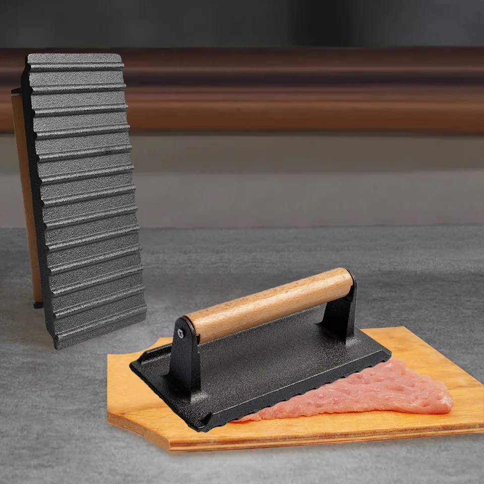 Liatinový hamburger Patty Maker Round Ruck Duty Steak Burger Press s drevenou rukoväťou kuchyňa ťažký plochý steak
