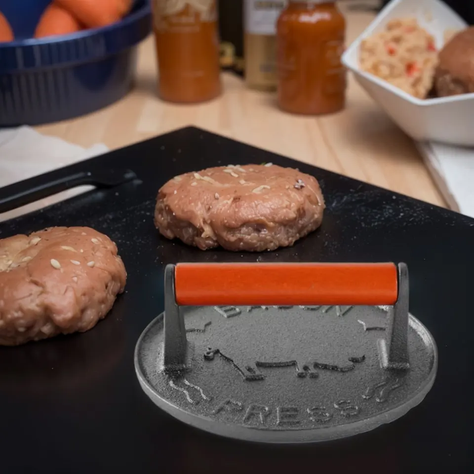 Liatinový hamburger Press s ťažkým dňom Patty Maker Drevená rukavica Round Burger Smasher 7.09 v Anti Skave pre domácu kuchyňu