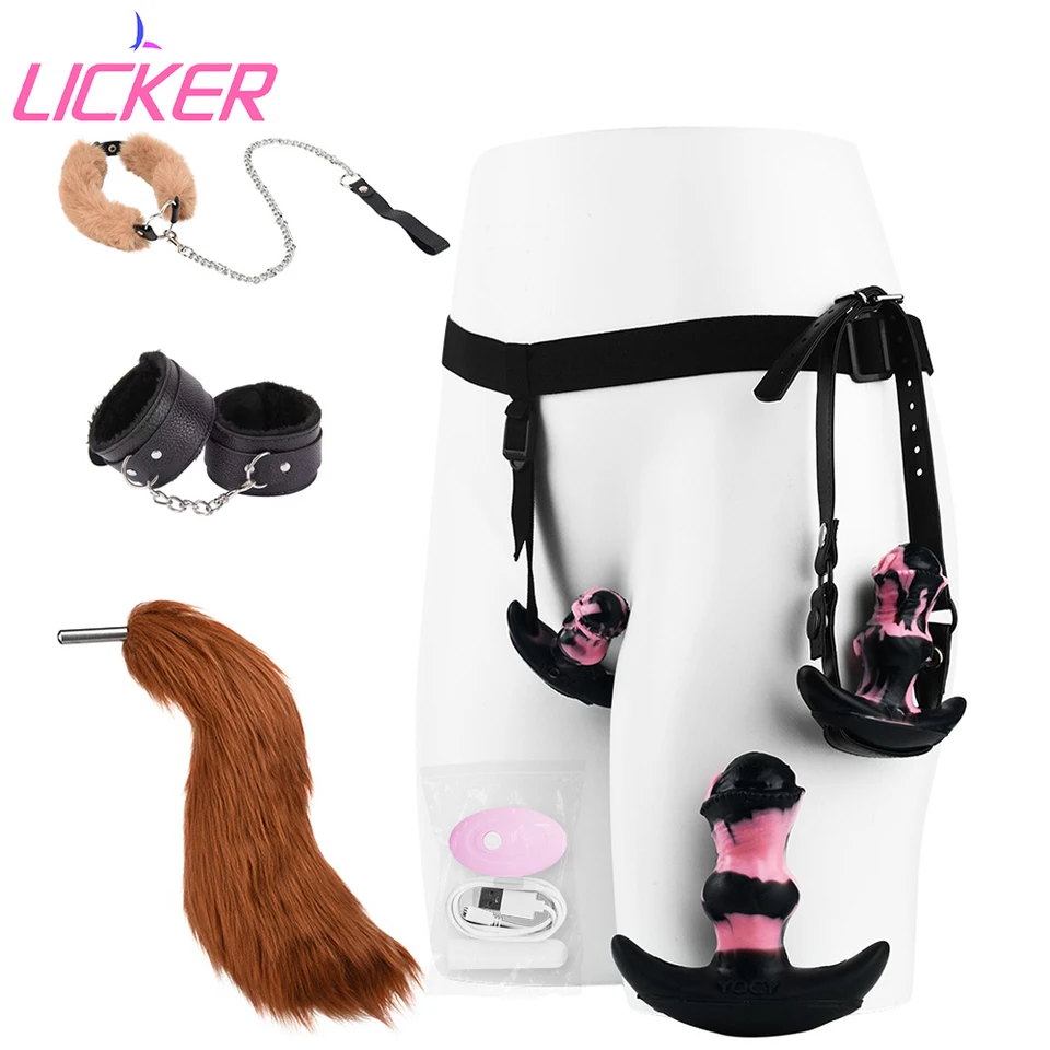 Licker Fantasy Dildo Silikone Anal Plugs Tréner Set Sex Hračky pre ženy Meni Vibrujúce nositeľné zadky Pluž