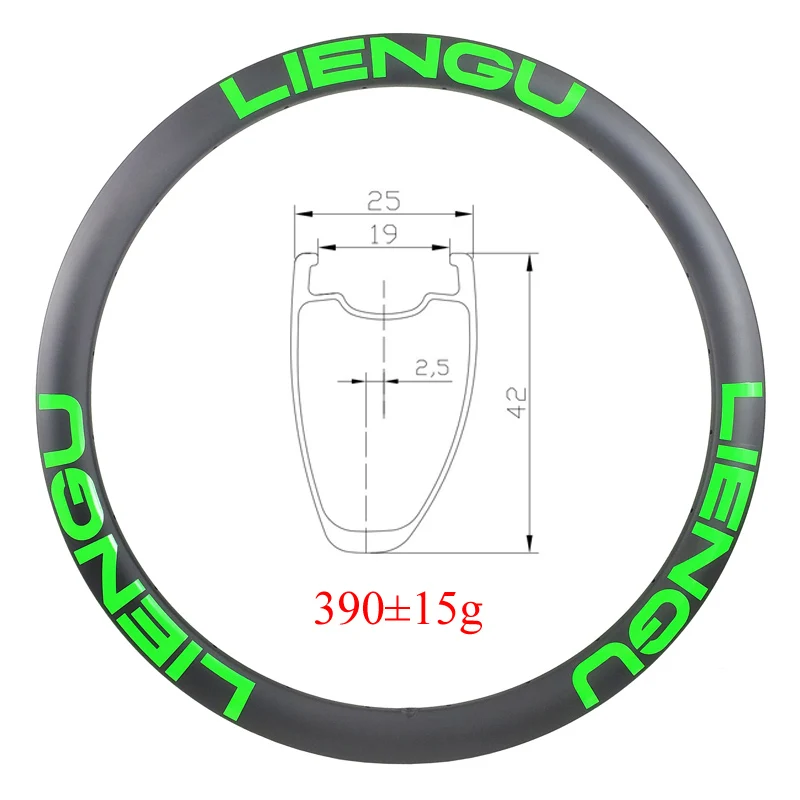 Liegu 390g Svetlo 700c 42 mm asymetrické cestné disk Uhlíkový okraj bezdušový klinik 25 mm široký 19 mm štrk Asfalt koleso 3K 12k 24h 28