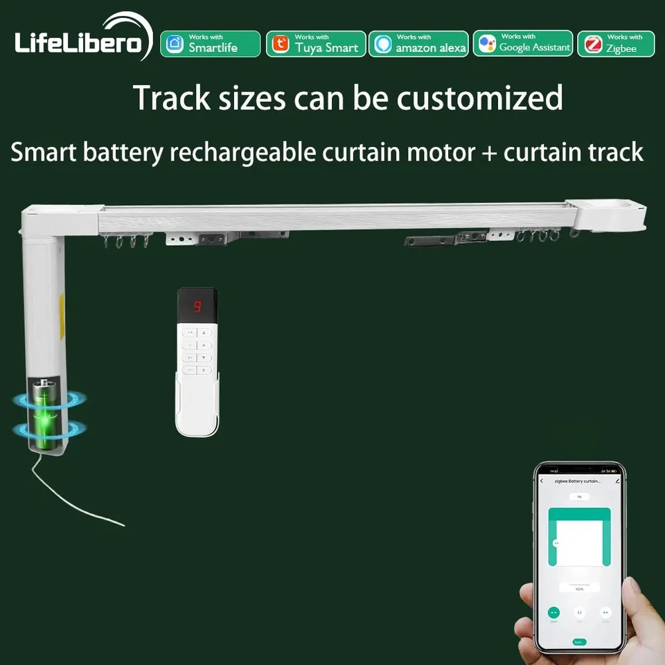 Lifelibero Tuya Zigbee Battery Smart Curtain Motor Kit Automatický systém Elektrické opona Rail Track Set Podpora Alexa Smart Life