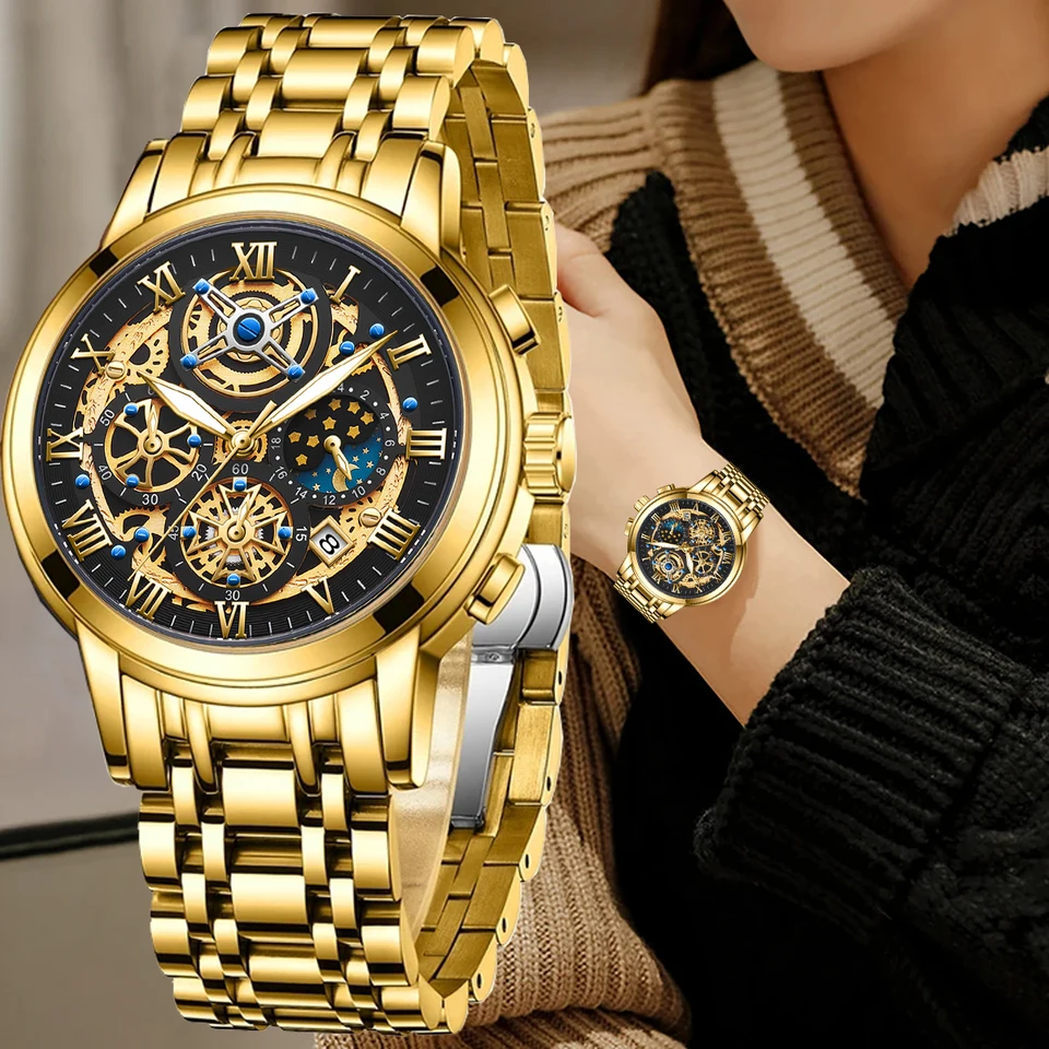 Lige 2024 Nové módne zlaté dámske dámske hodinky Top značka Luxusné vodotesné hodinky pre ženy Sport Quartz Chronograph Relogio Feminino