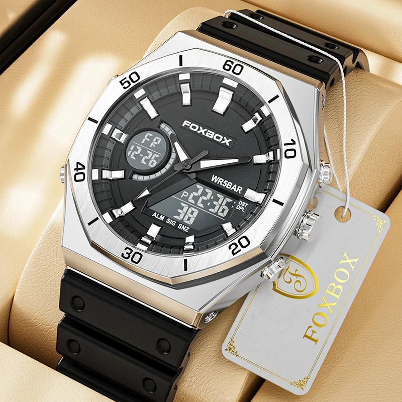 Lige Brand Foxbox Sport Fashion Quartz Mens Watch Dual Display Digital Casual 50 m nepremokavé hodinky Hodinky Svetlá náramky