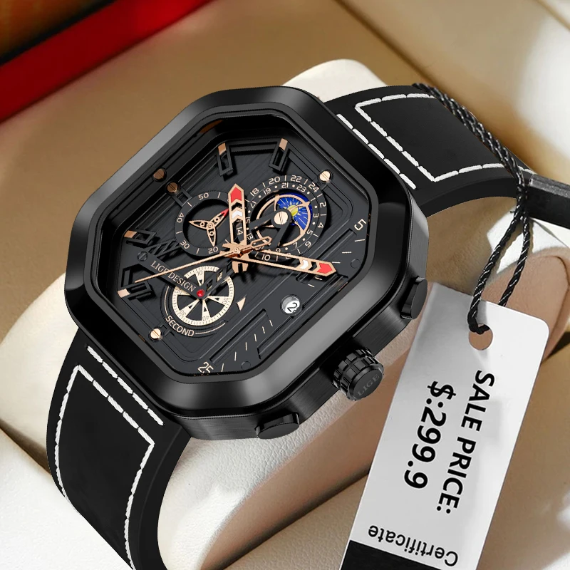 Lige Casual Sports Watches for Men Fashion Top Brand Moon fáza nepremokavá svetelná kožená štvorcová kreatívna kremenná kremeň človek hodinky+box