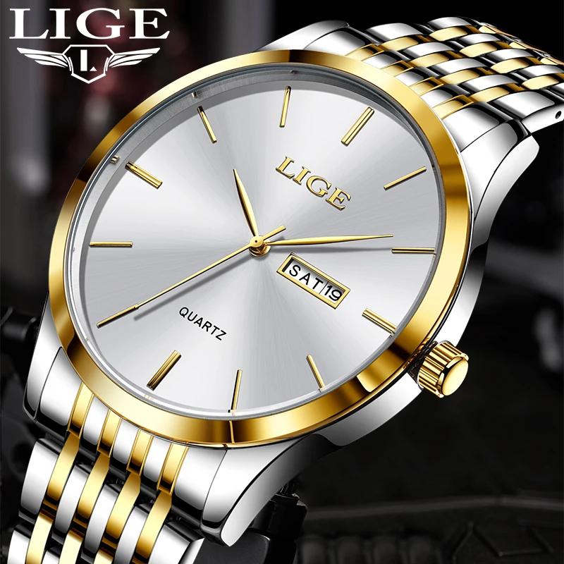 Lige Luxury Fashion Man Watches Business Brand Wristwatch Witerproof Luminous Dátum Týždeň kremeň Muži sledujú vysoké hodiny kvalita+box