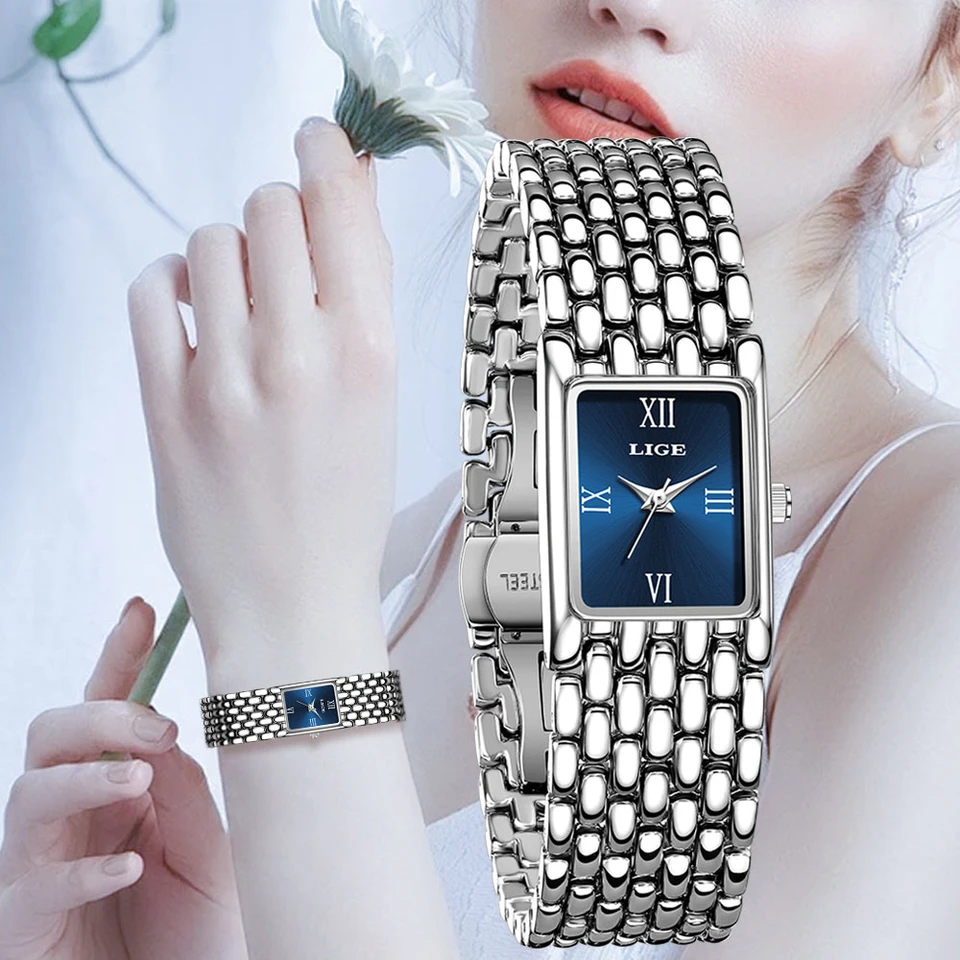 Lige Luxury Ladies Fashion Quartz Watch Simple Scale Quality Kvalita Plated Dámske hodinky Business z nehrdzavejúcej ocele skladacie hodiny