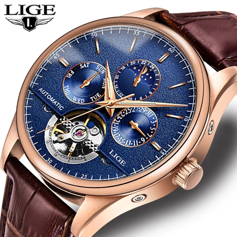 Lige Men Mechanical Watch Top Brand Luxury Automatické hodinky Kožená vodotesná športová fáza Fáza náramkových hodiniek relogio maskulino+box