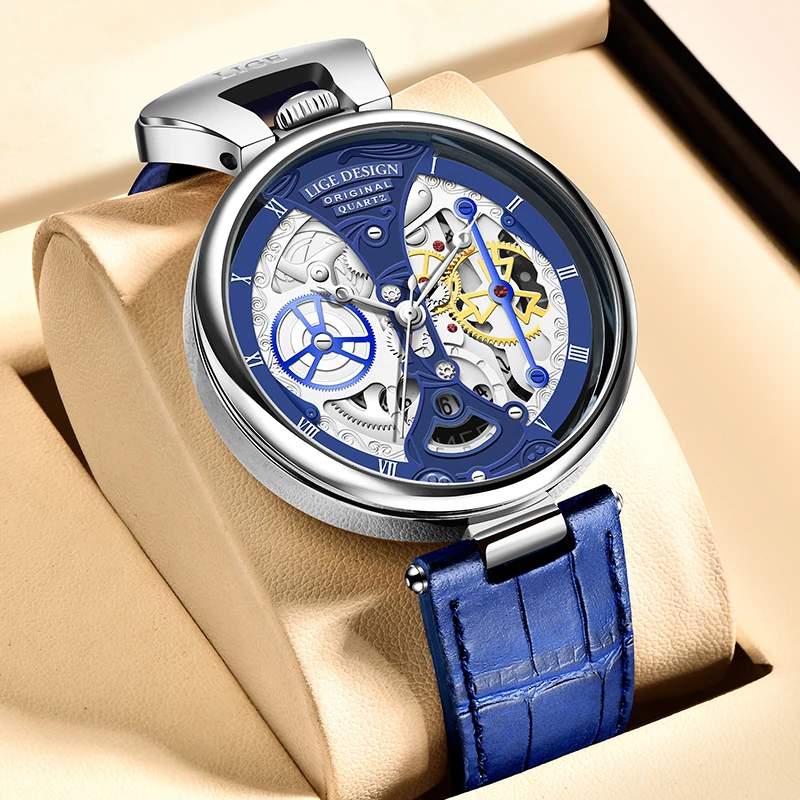 Lige Men sledujú kreatívne kremeňové hodinky módne neformálne vodotesné automatické dátum kožené kapela Luxusné hodinky Men Gentleman Gift+Box