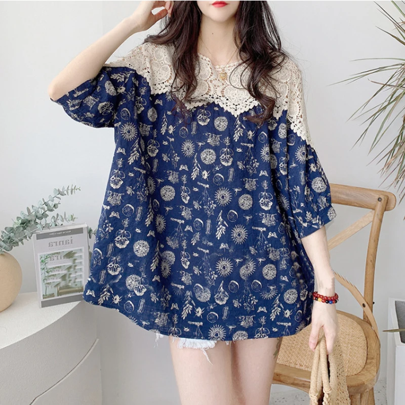 Liguyue Dutlow Out Lace Patchwork Dámske košele letné literárne vintage etnické kvetinové tlače vrcholy bavlnená bielizeň blúzka uvoľnená f069