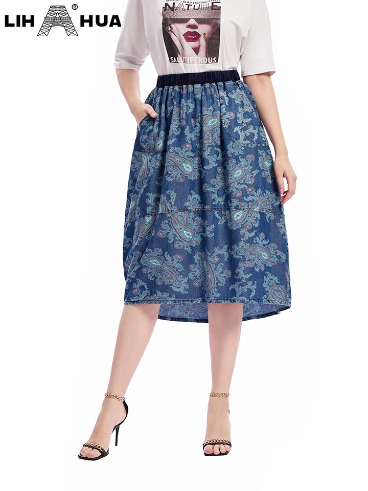 Lih Hua Dámska plus džínsová sukňa jarná elegantná sukňa pre bacuľaté dámske tkanú sukňu