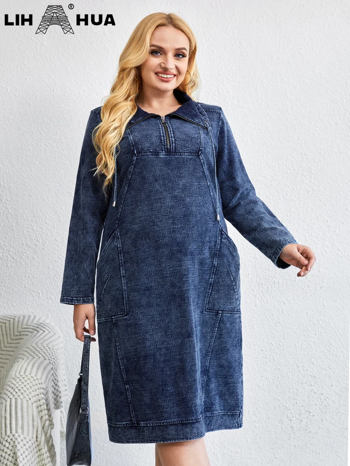 LiH Hua Dámska plus džínsové šaty jesenné elegantné elegantné šaty pre bacuľaté ženy bavlnené pletené pletené klopa krku šaty