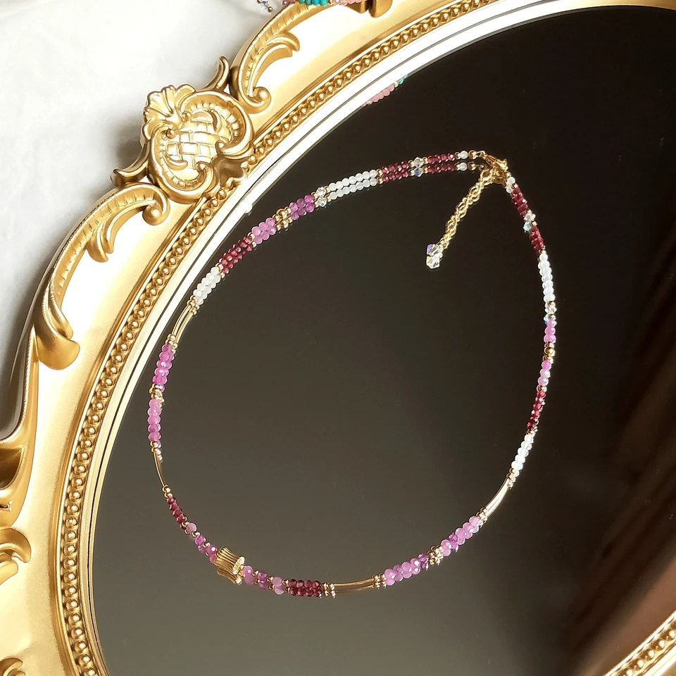 Lii Ji Natural Ruby Garnet Rose Quartz Rakúsko Cyrstal Choker 14k Zlato Plnené ručne vyrobené ručne vyrobené náhrdelník 38+3 cm