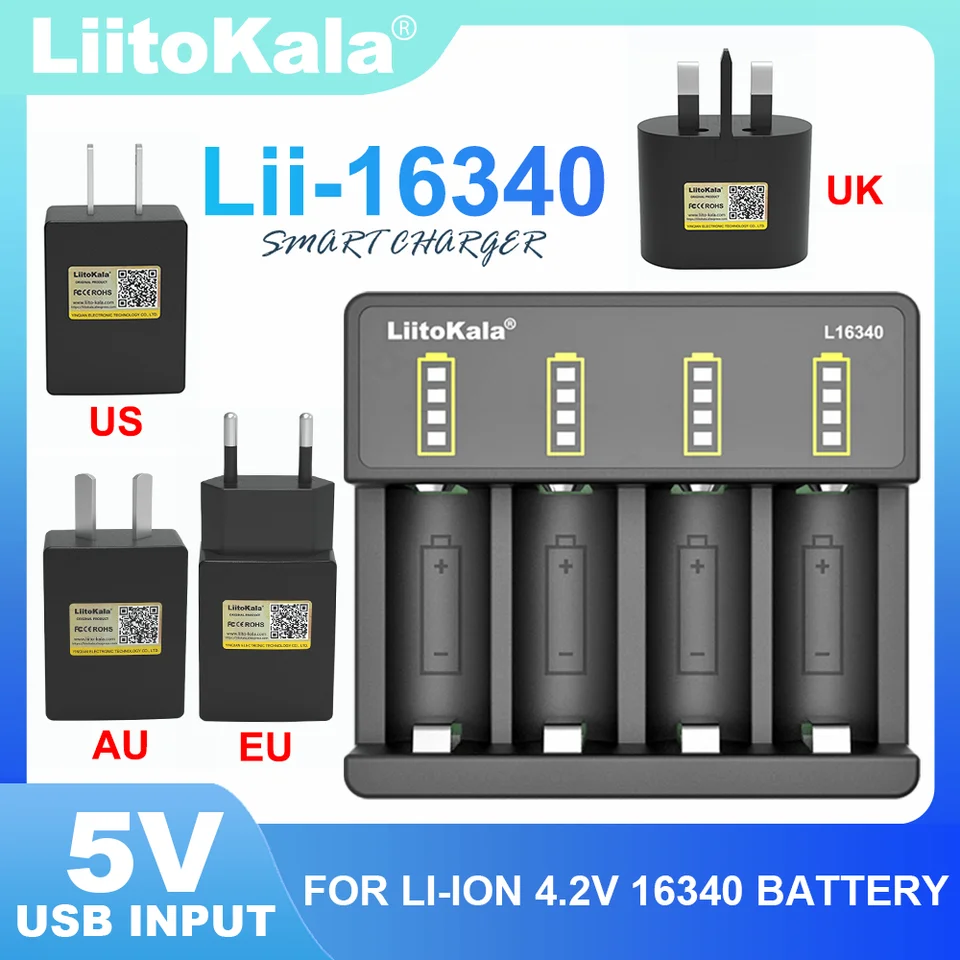 Liitokala lii-L16340 4-slot Nabíjateľná nabíjačka batérií pre 3,7 V 16340 CR123A CR17335 batérie