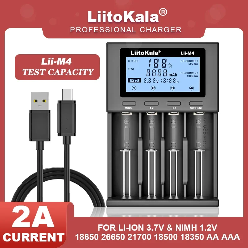 Liitokala lii-M4 lii-M4S LiI-500 LiI-202 lii-S8 18650 Battery Smart Charger 3,7V 26650 18350 21700 18500 14500 1,2V AA AAA
